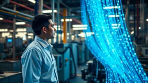Datenschutz: Fabrikhalle mit Datenströmen und einem Arbeiter