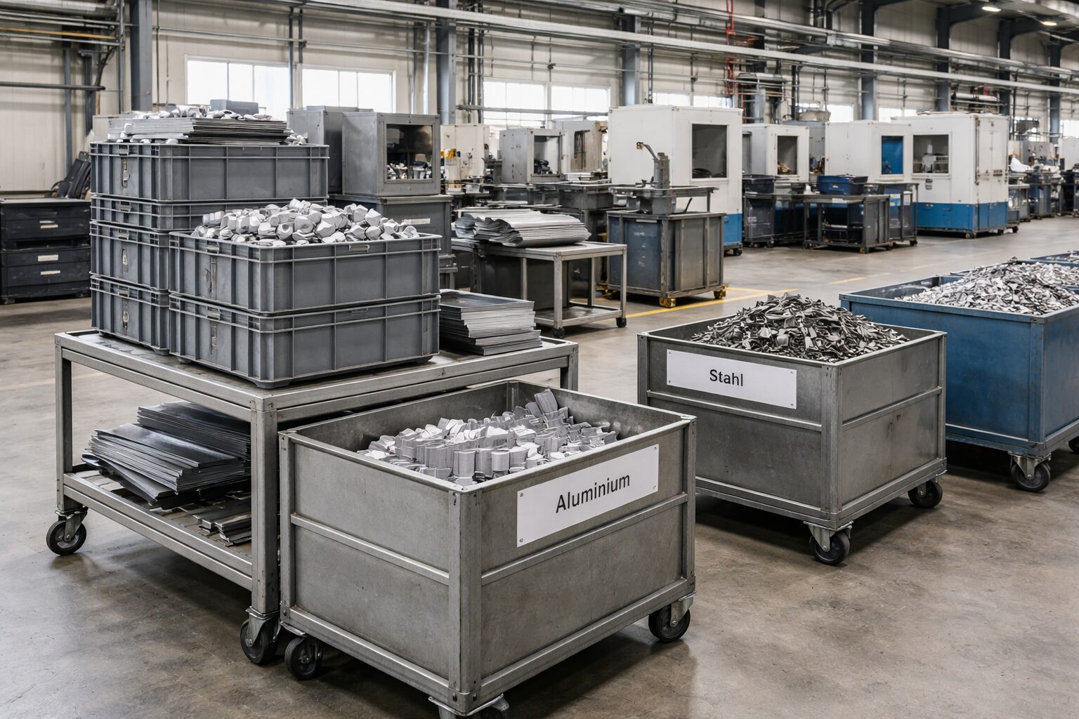 Sortenrein getrennte Metallreste in wiederverwendbaren Industriebehältern innerhalb einer modernen Metallproduktionshalle